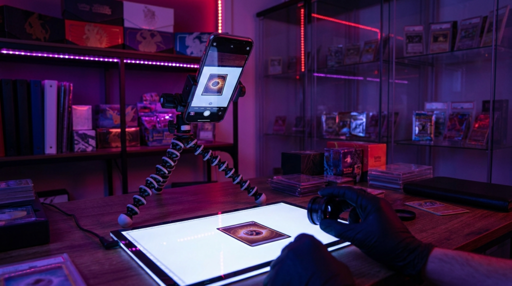 Trading card on a photography stand lit by a softbox with purple and magenta accent lighting