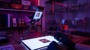 Trading card on a photography stand lit by a softbox with purple and magenta accent lighting