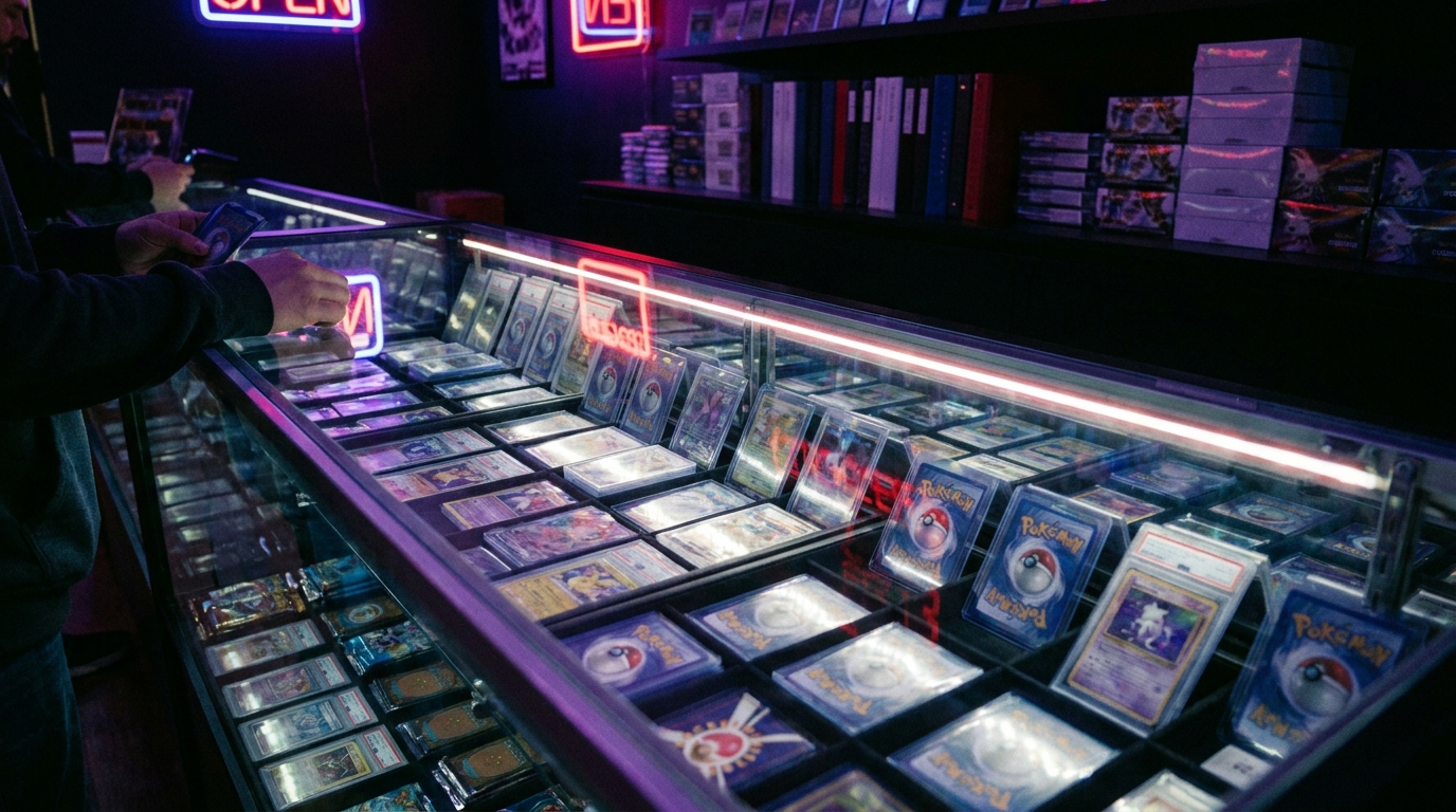 A shop counter with display cases of sealed trading card products under deep purple neon light