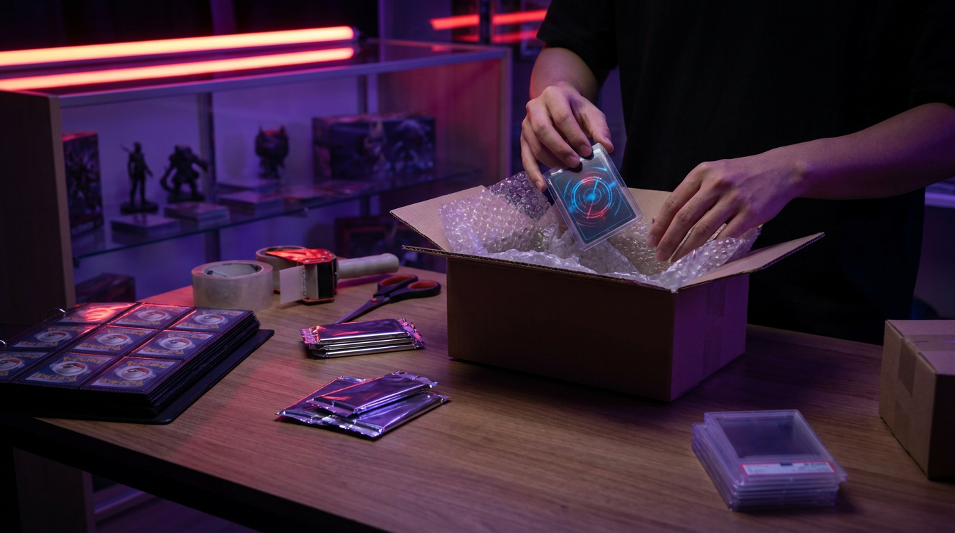 A person browsing a listings page on a phone beside a stack of sleeved cards, magenta neon glow