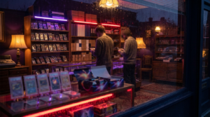 The exterior of a moody card shop at night with purple and crimson neon glowing in the window