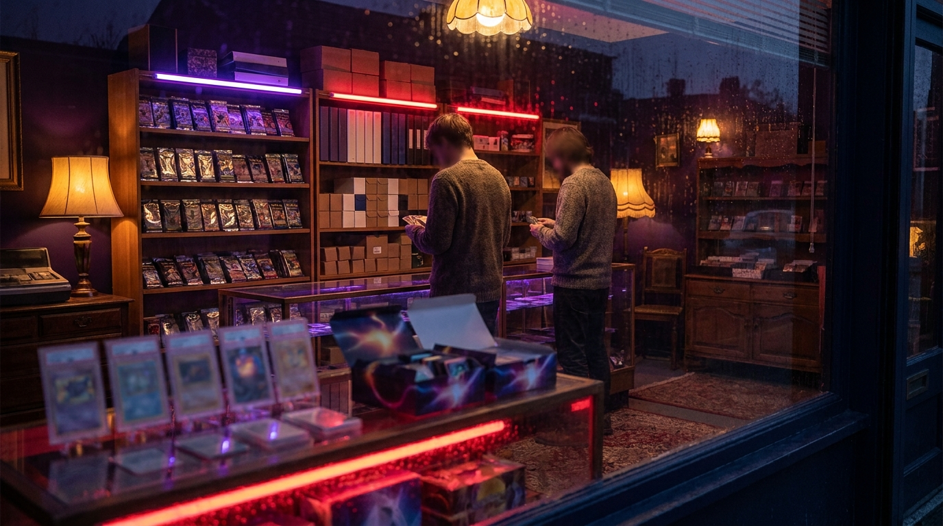 The exterior of a moody card shop at night with purple and crimson neon glowing in the window