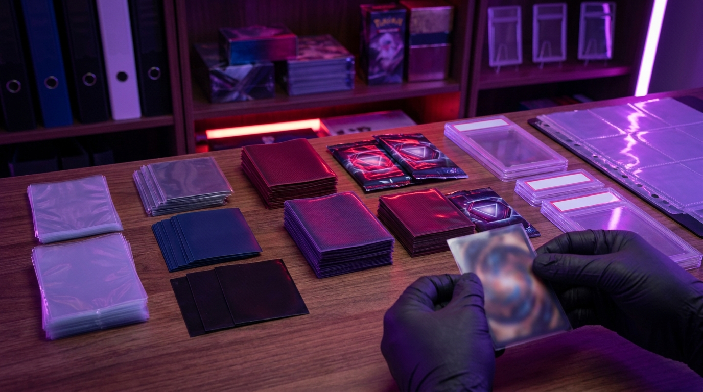 Stacks of packaged card sleeves in different sizes arranged on a shop counter under crimson neon