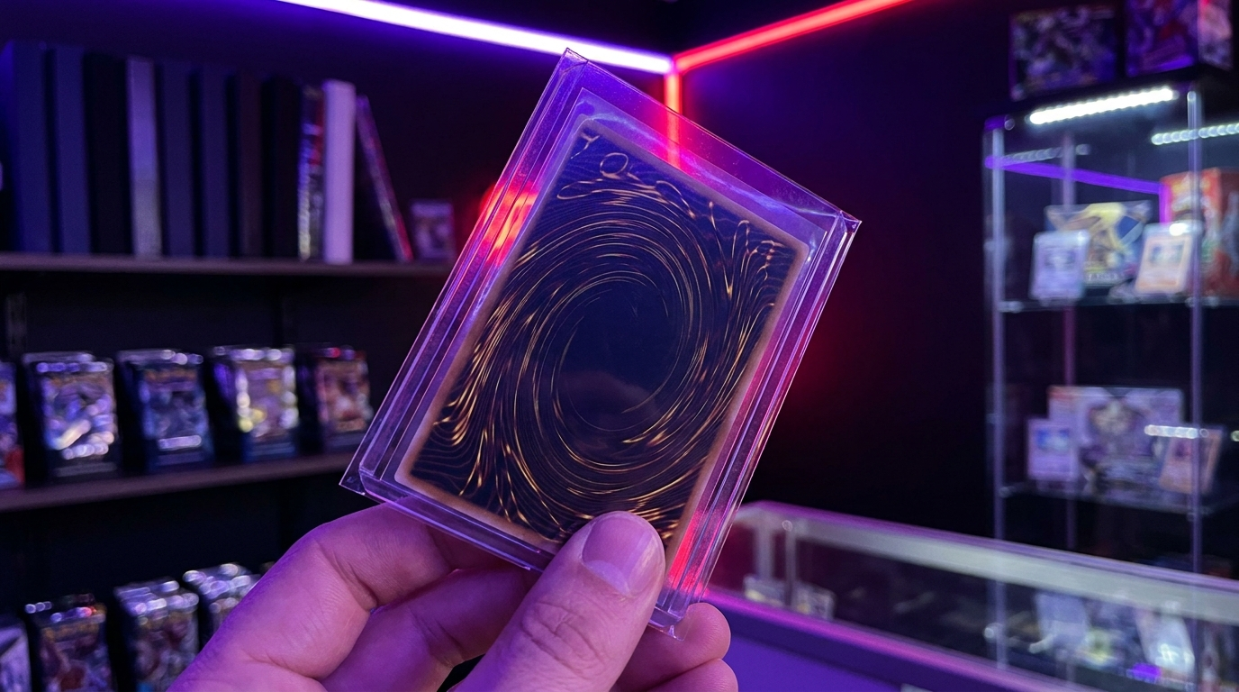 A double-sleeved card being placed into a toploader on a dark surface with purple neon glow