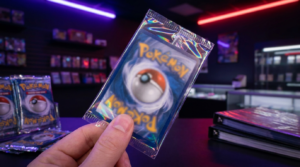 A hand sliding a trading card into a clear sleeve on a dark desk lit by purple and magenta neon