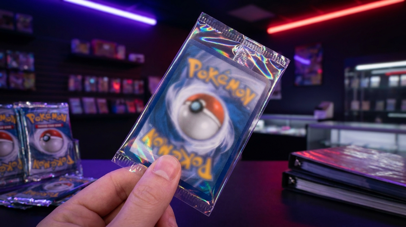 A hand sliding a trading card into a clear sleeve on a dark desk lit by purple and magenta neon