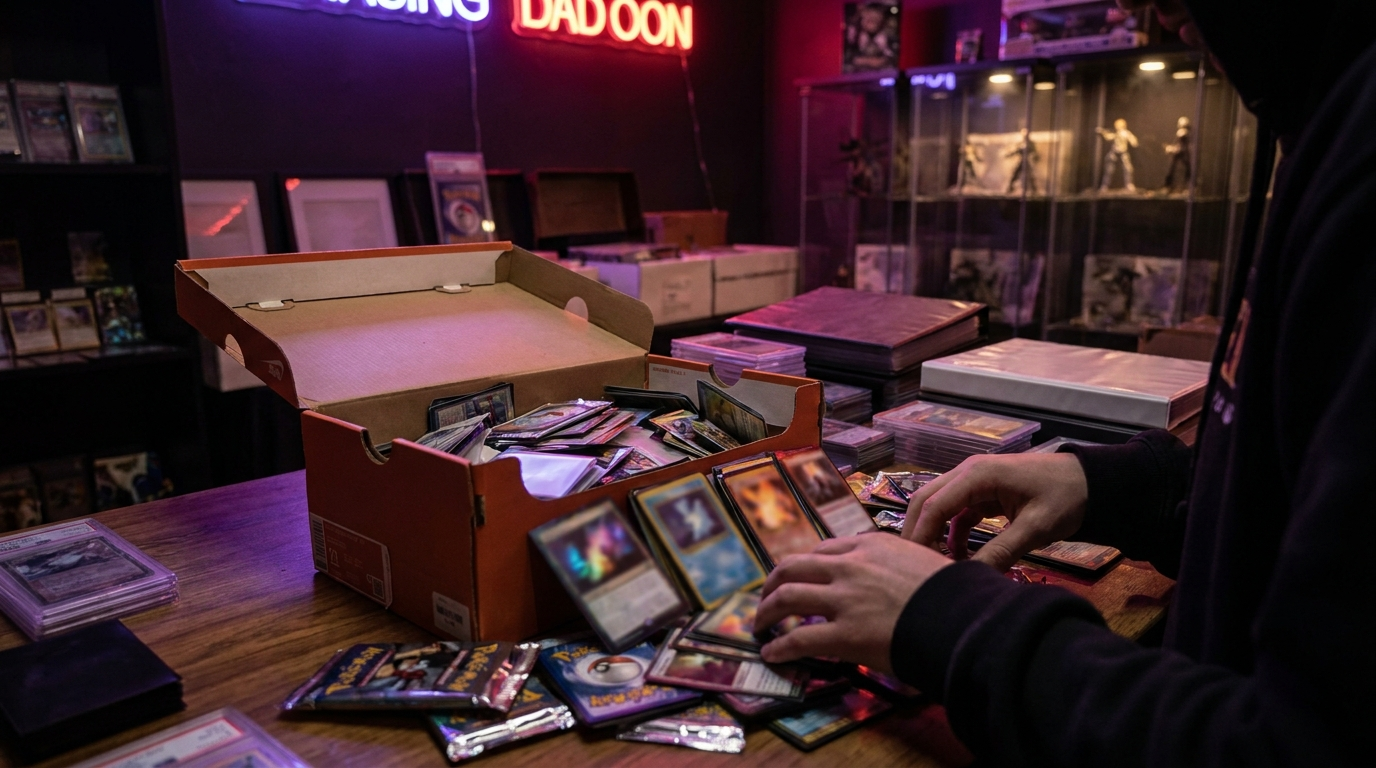Loose trading cards piled beside empty storage boxes on a dark table