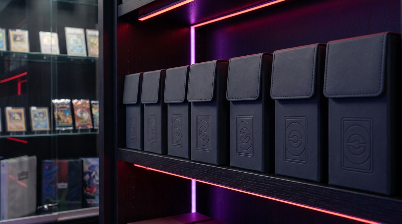 Toploaded cards standing in a labelled storage box under moody magenta light