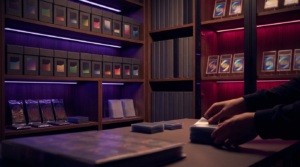 Organised card storage boxes and binders on dark shelving lit with purple and crimson neon