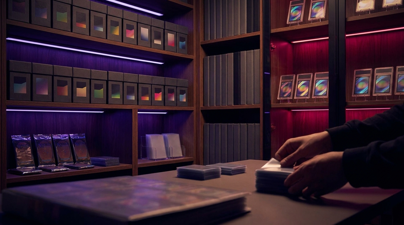 Organised card storage boxes and binders on dark shelving lit with purple and crimson neon
