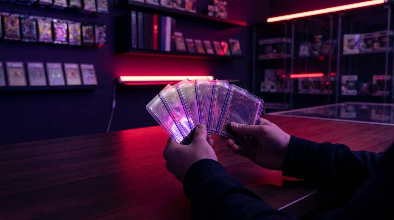 A hand tilting a holographic trading card under a lamp to inspect its surface
