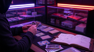 Trading cards spread across a desk beside a laptop showing price charts, lit in purple and magenta