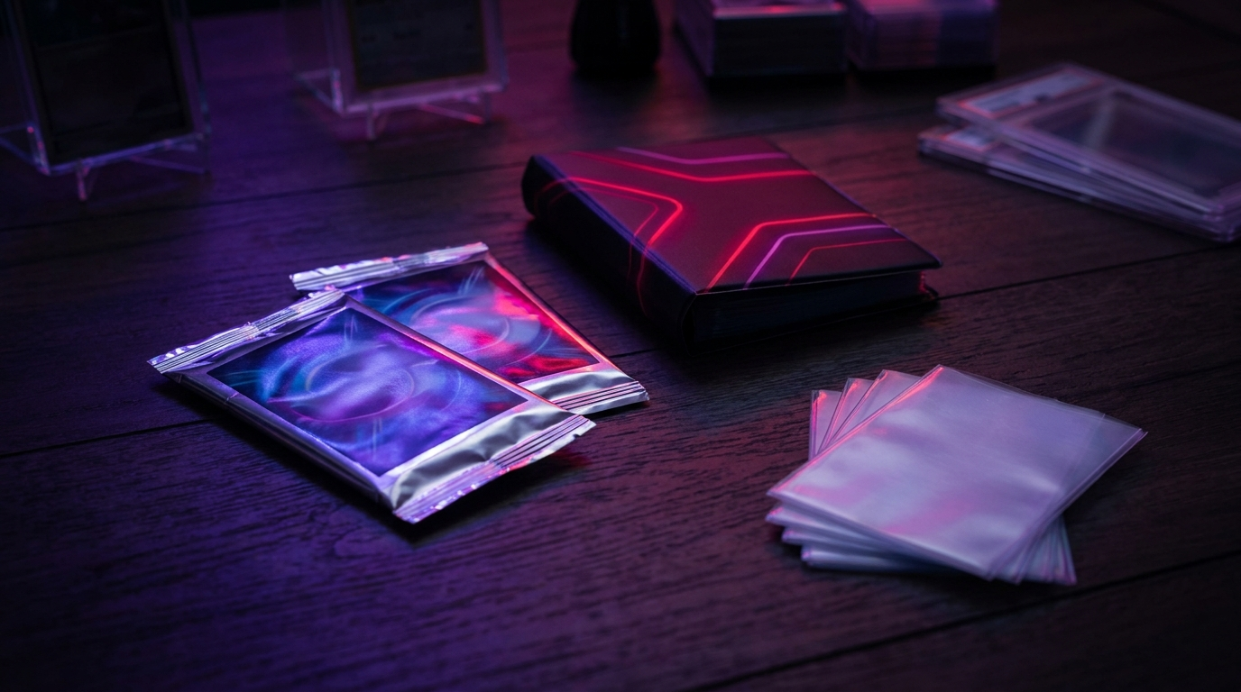 Child's card collection in a tin and small binder on a tidy desk with soft neon glow