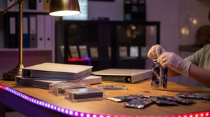 Small hands holding a fanned spread of trading cards on a table with warm purple lighting