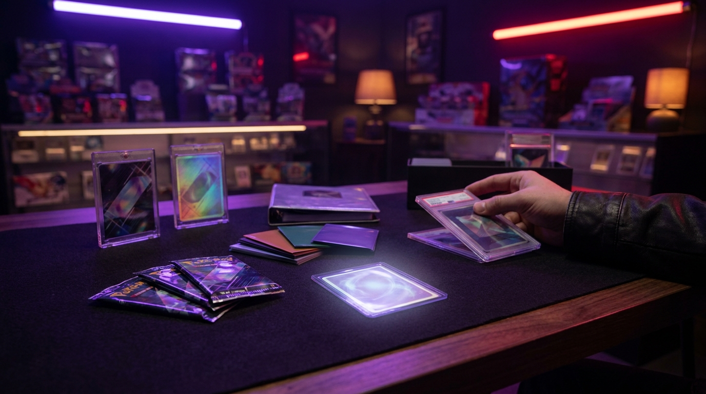 An unboxed premium collection with packs, a promo card and accessories laid out under magenta neon