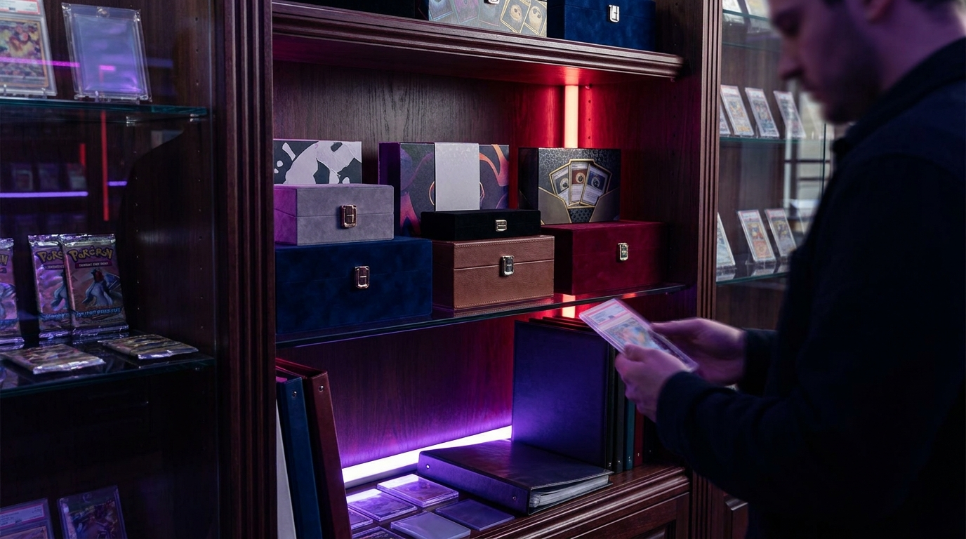 A shelf of sealed premium boxes catching deep purple neon light in a moody card shop