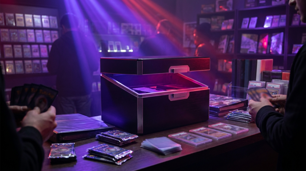 A premium collection box displayed like a jewel on a dark plinth under purple and crimson neon