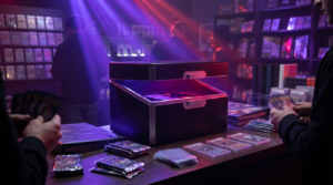 A premium collection box displayed like a jewel on a dark plinth under purple and crimson neon