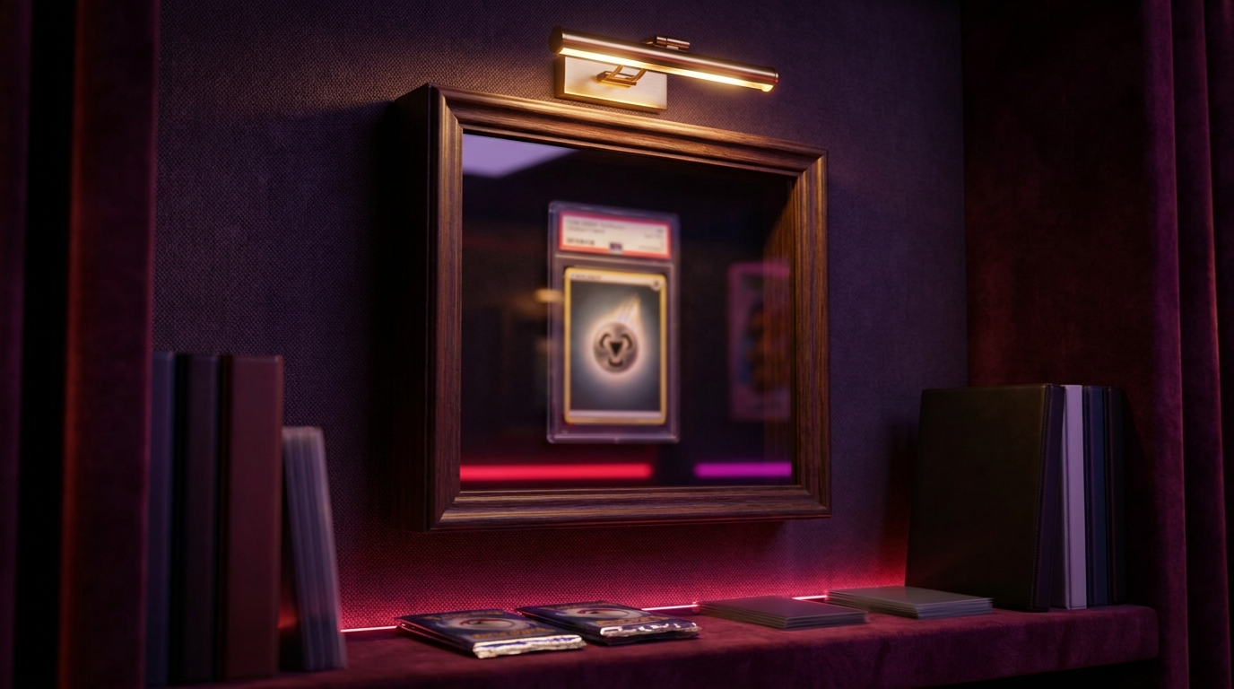 A clear acrylic case containing a sealed trading card box on a shelf edge-lit in magenta