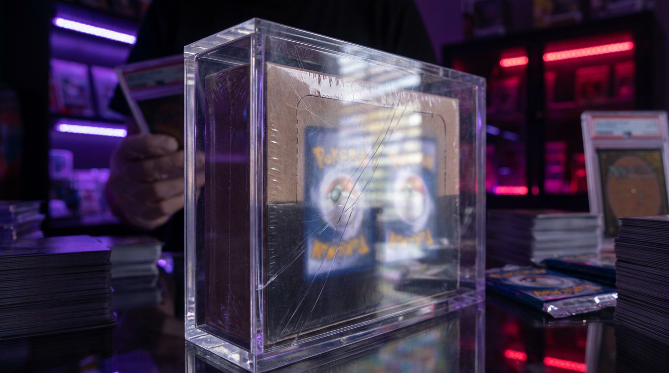 Slabbed trading cards on tiered stands along a dark shelf with soft purple LED backlighting