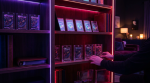 A dark shelf display of sealed trading card boxes and slabbed cards backlit with purple and crimson neon strips