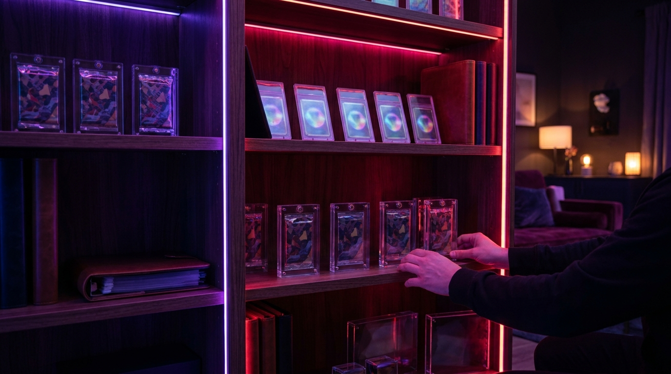A dark shelf display of sealed trading card boxes and slabbed cards backlit with purple and crimson neon strips