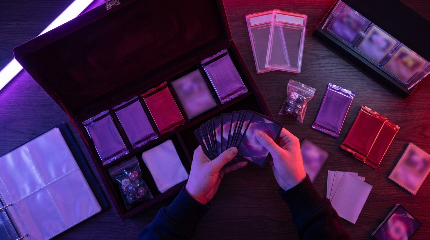 Card sleeves, dice and booster packs laid out neatly beside an open trainer box on a dark surface