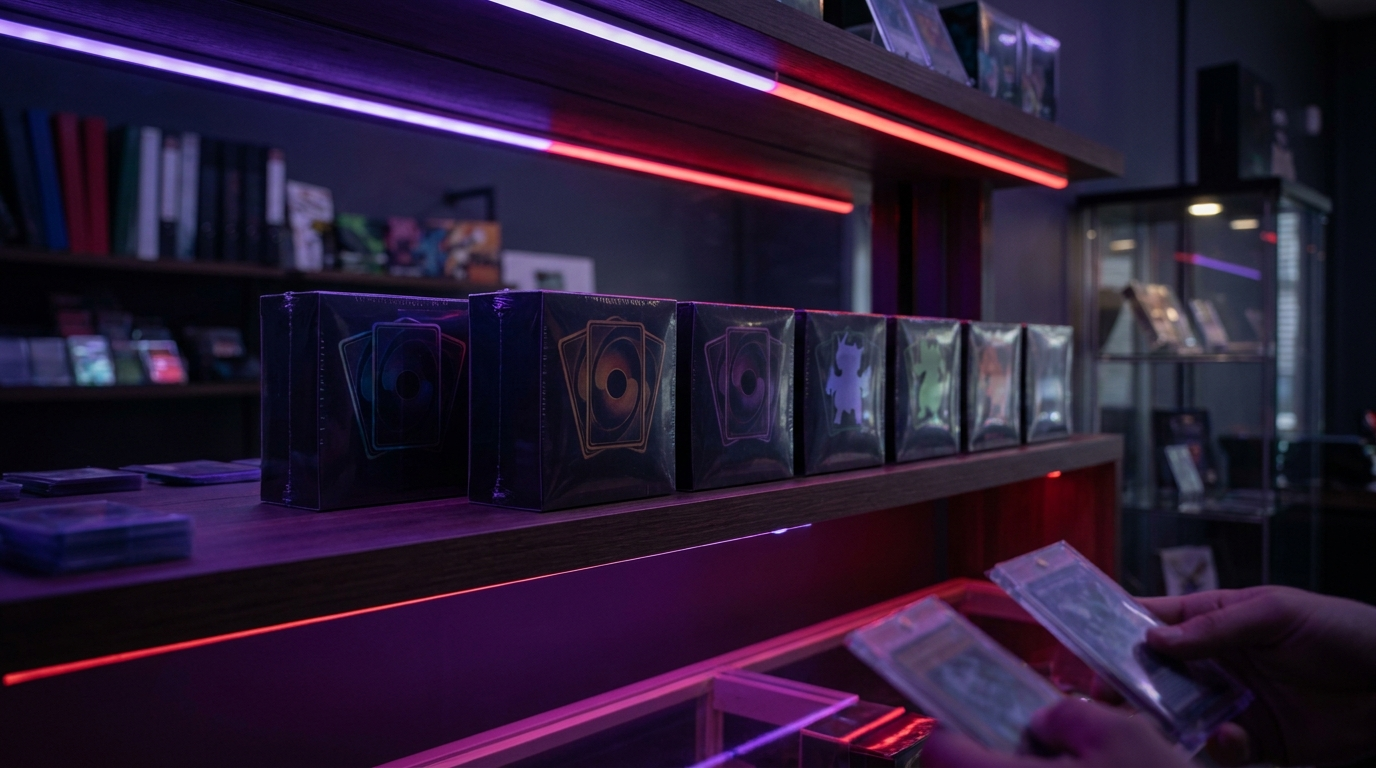 A row of sealed trainer boxes displayed spine-out on a collector's shelf with crimson accent light