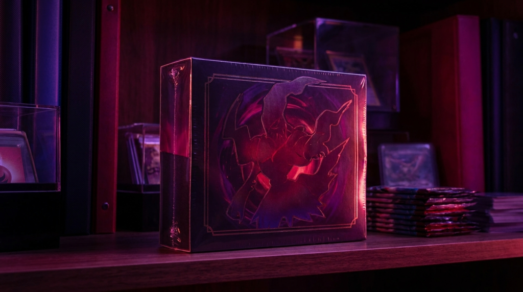 An elite trainer style card box with accessories arranged around it under purple neon shop lighting