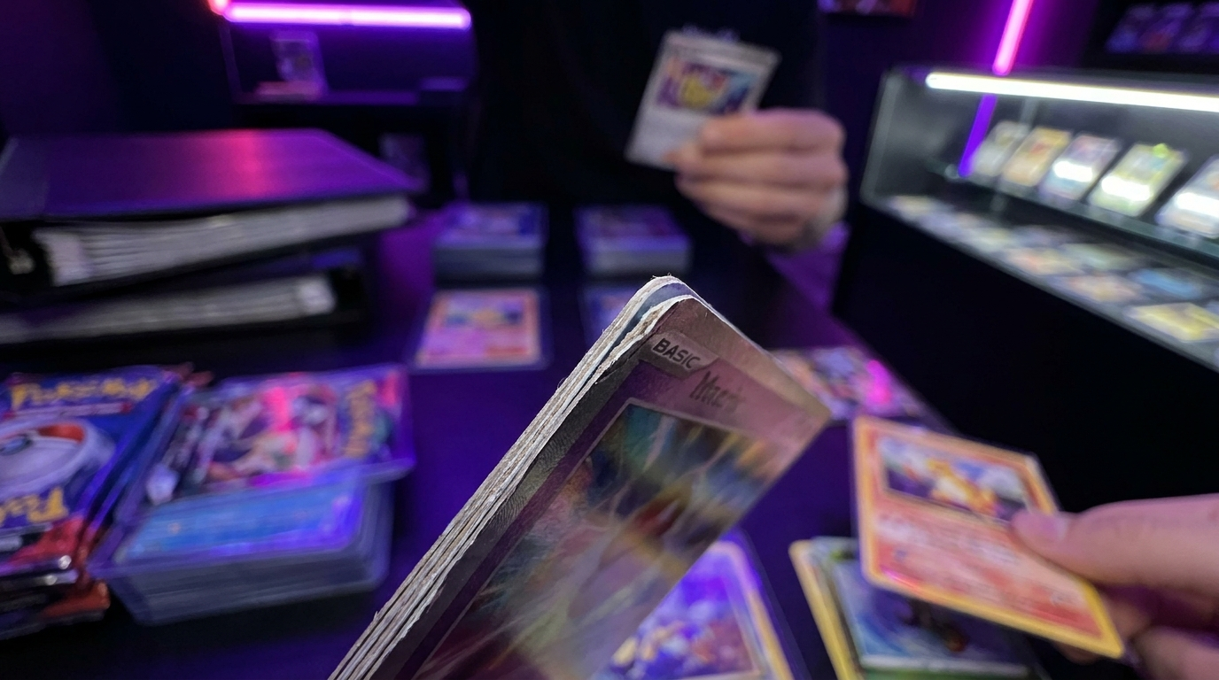 A trading card cut noticeably off-centre held up against a dark background with magenta rim lighting
