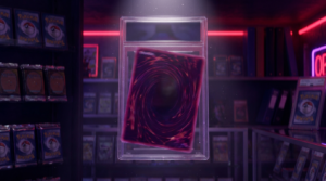 A magnifying loupe resting on a trading card on a dark desk, lit by purple and crimson neon