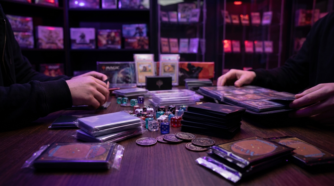 Contents of a trading card box laid out on a dark surface: sealed packs, sleeves, dice and dividers under moody purple lighting