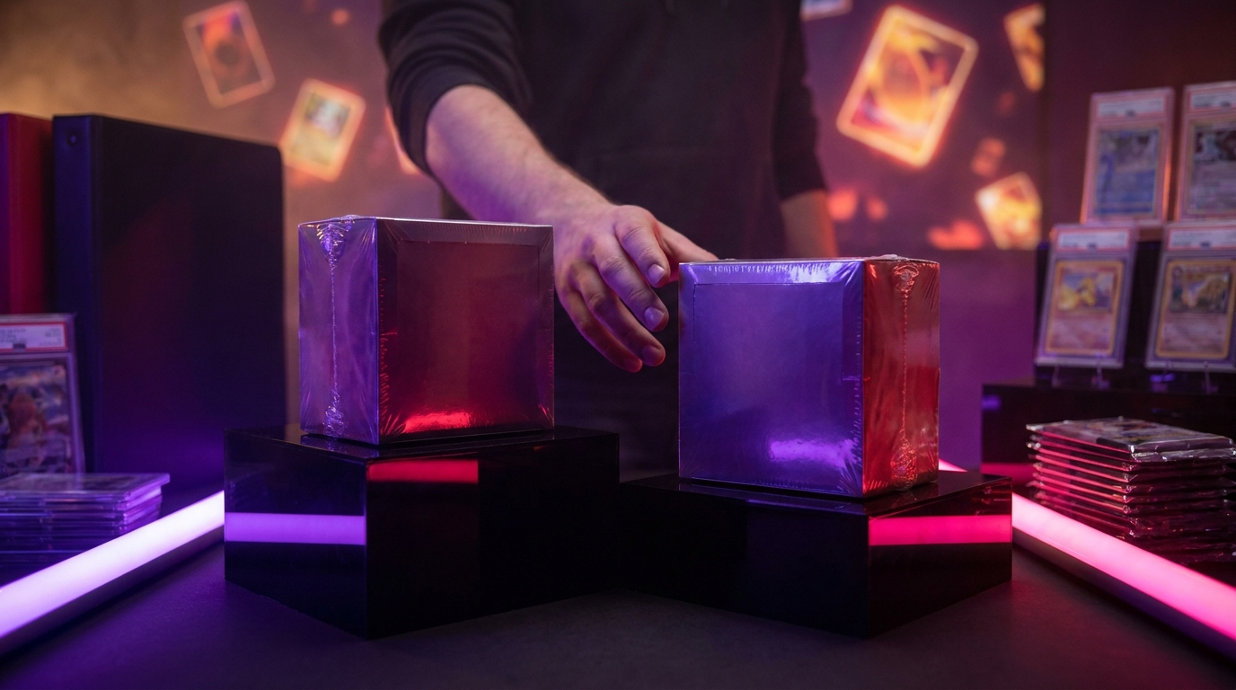 Two sealed trading card boxes side by side in a glass display case with crimson neon rim lighting