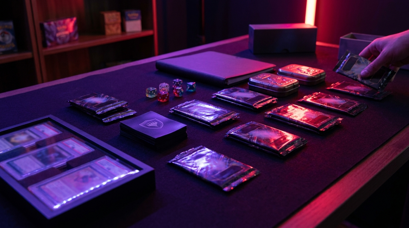 Sealed trading card elite trainer box on a dark shop counter lit with purple and magenta neon accents
