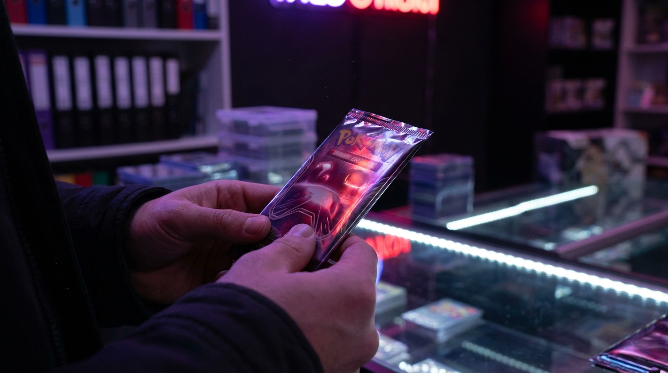 Stack of sealed trading card packs glowing under crimson neon light in a card shop