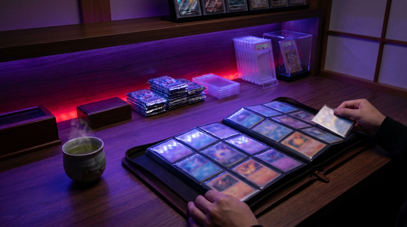 Collector examining a trading card with binders and sleeves on a dark desk