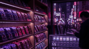 Sealed Japanese-style trading card packs arranged on a dark surface with purple and magenta neon lighting