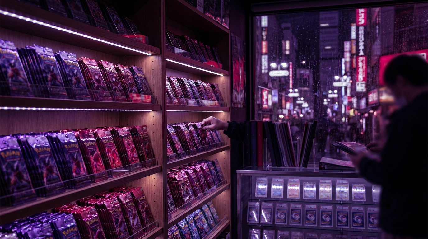 Sealed Japanese-style trading card packs arranged on a dark surface with purple and magenta neon lighting