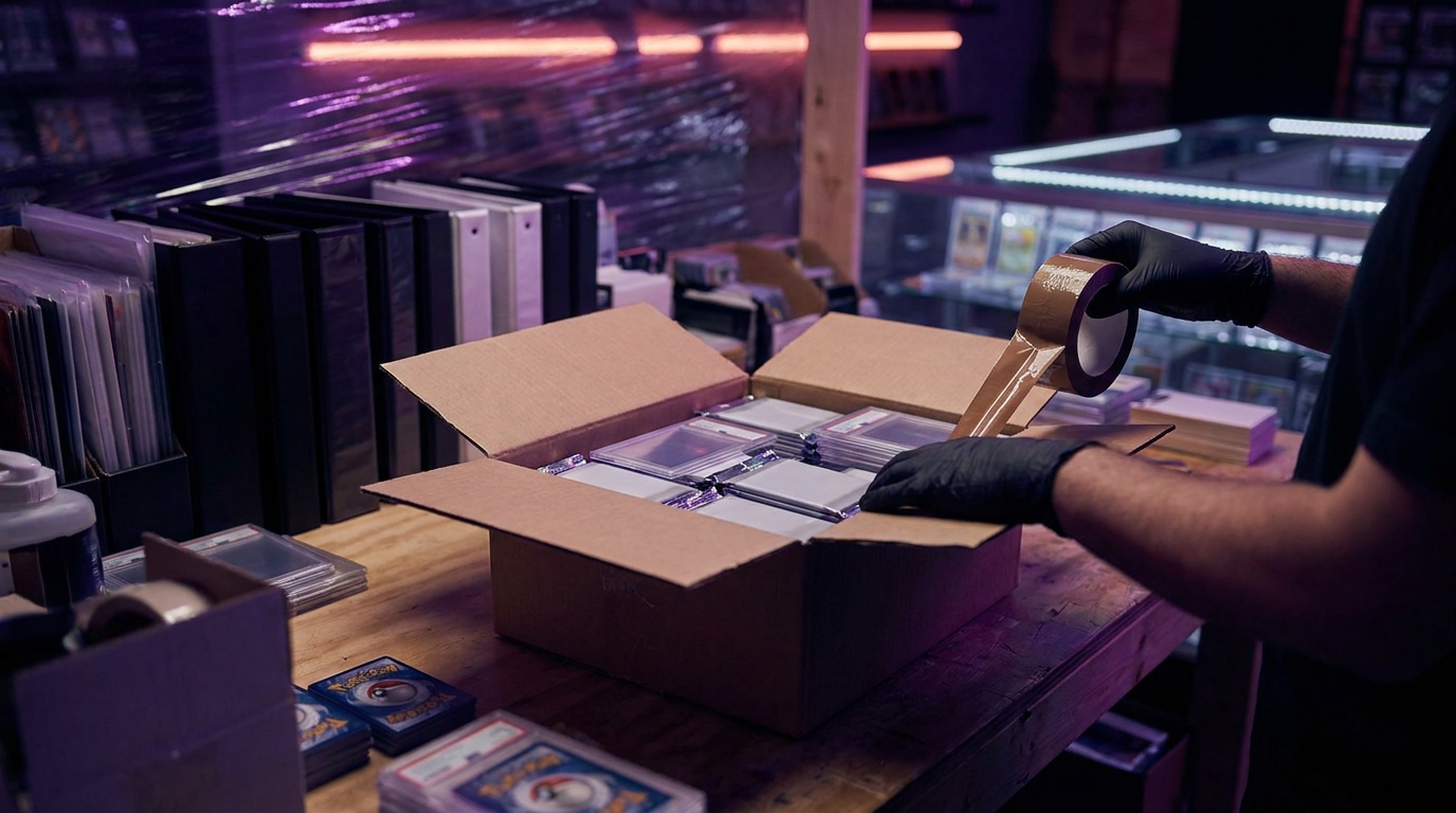 Stacked shipping cartons of trading card product in a dim stockroom with magenta accent lighting