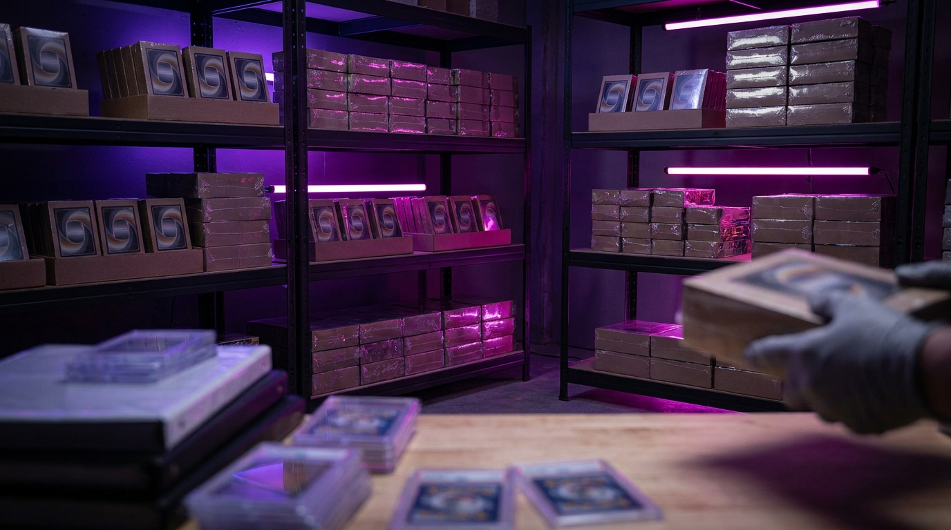 A laptop showing an online shop basket beside a sealed trading card box in moody purple light