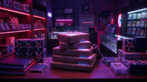 A calendar and a sealed trading card box on a dark counter beneath purple and crimson neon signage