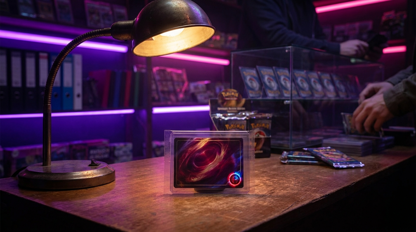 An opened product box with a foil promo card resting on top, moody crimson neon lighting