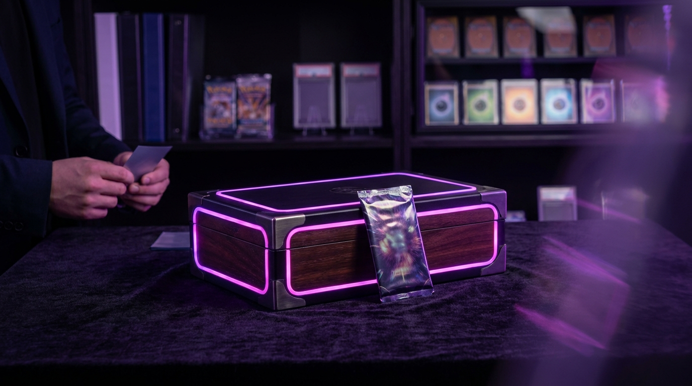 A grading slab containing an abstract glowing card on a collector's shelf with purple neon accents