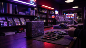 A single sleeved promo card displayed upright on a dark shelf lit by purple and magenta neon