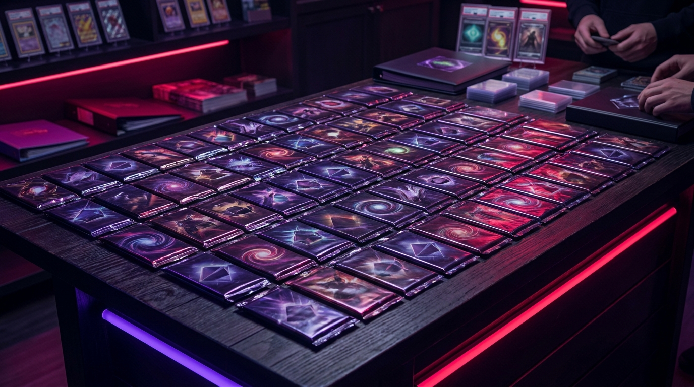 A hand lifting a card from an opened pack with abstract holographic glow, deep purple neon behind