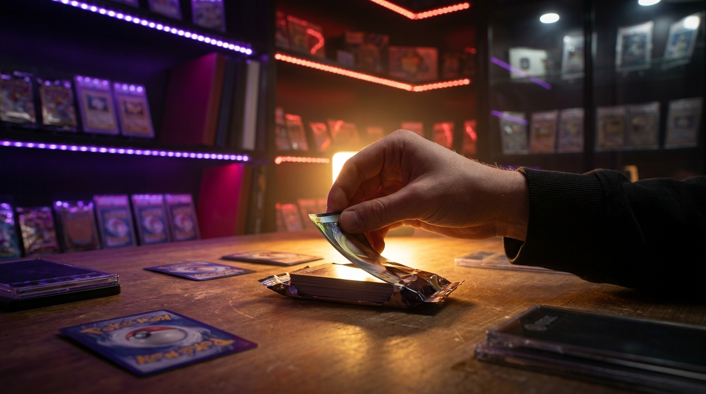 Neat stacks of opened packs and sorted cards on a shop table under moody magenta neon light
