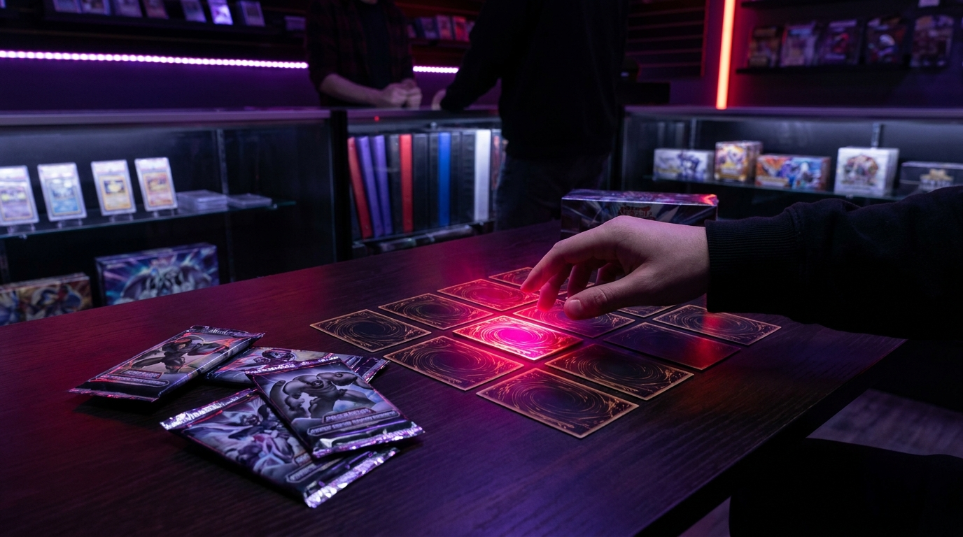 An open booster box with packs spilling out on a dark counter lit by purple and crimson neon