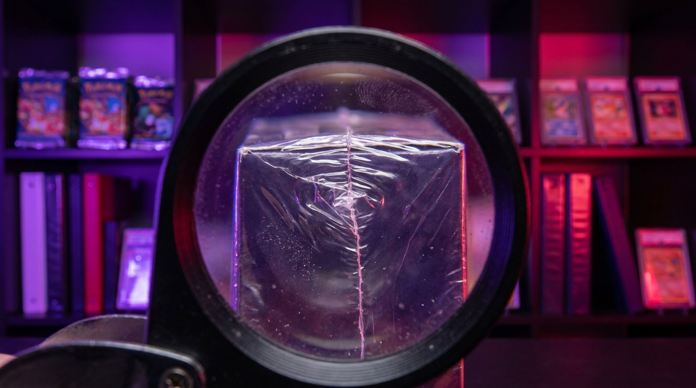 Hands inspecting the wrap and seams of a sealed trading card box beneath a magenta desk lamp