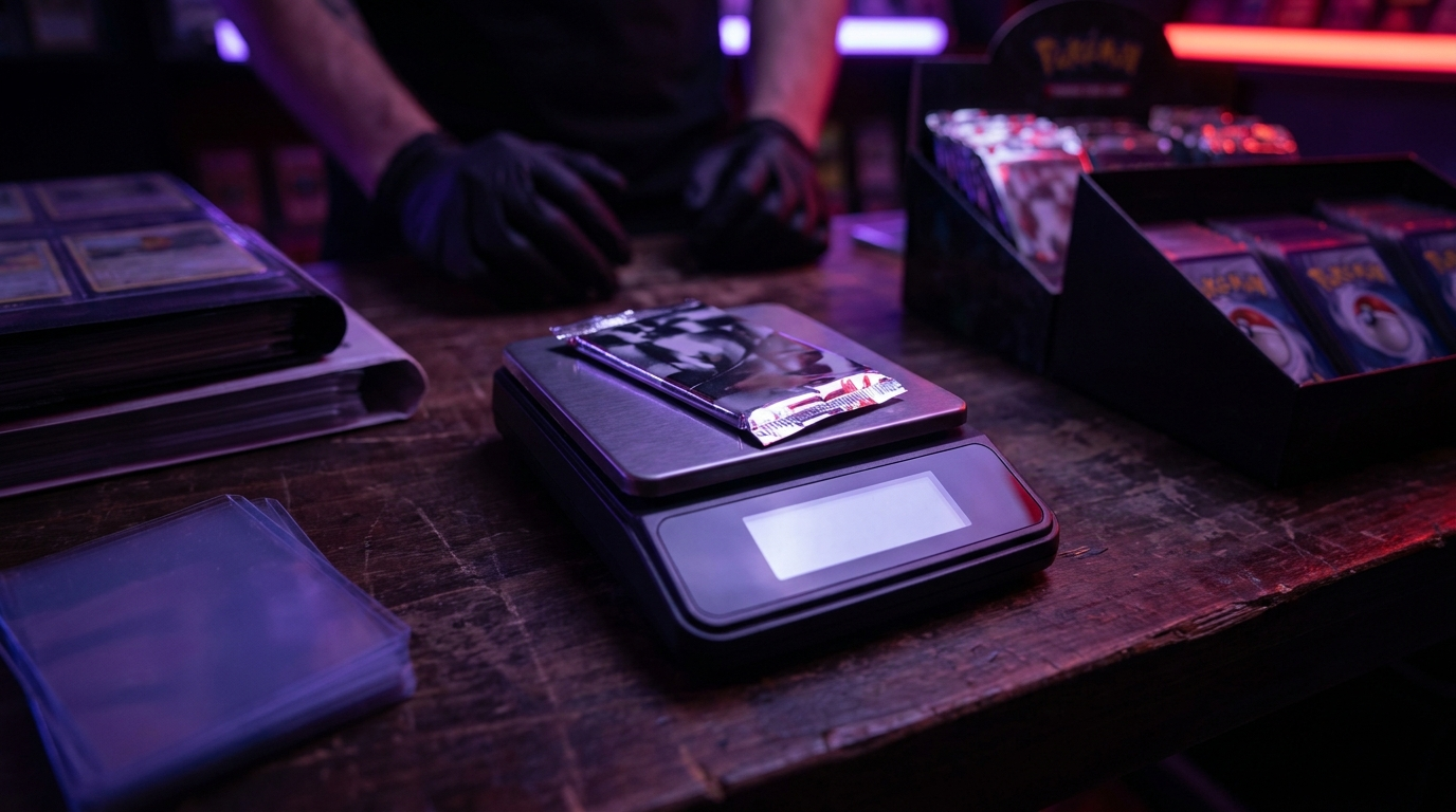 A single trading card booster pack on a precision scale in a dimly lit room with crimson neon glow