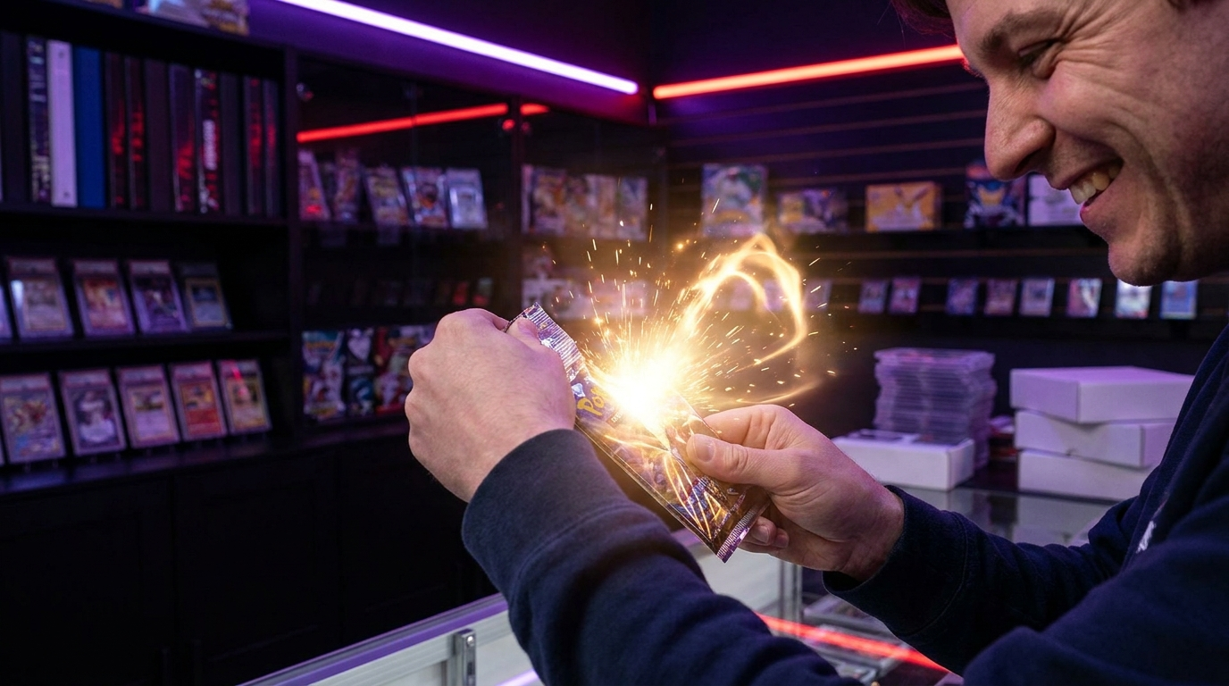 Hands tearing open a foil booster pack under moody magenta lighting